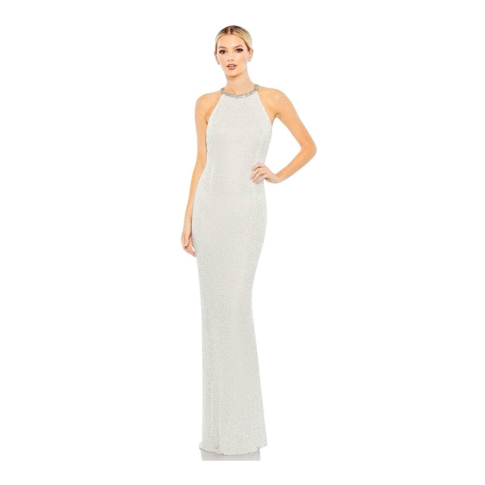 Mac Duggal Beaded Halter Neck Column Sheath Gown Sleeveless White Bridal Sz 14